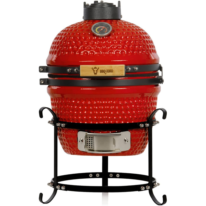 Вугільний гриль Haiiro Ø 32 см з термометром, дерев'яна ручка червоний керамічний гриль Kamado, міні-гриль на вугіллі, міні-гриль