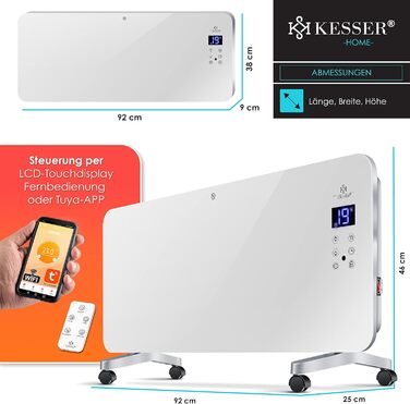 Електричний скляний конвекторний обігрівач KESSER Сенсорний екран Додаток із функцією WiFi, включаючи пульт дистанційного керування РК-дисплей Таймер Підлоговий або настінний обігрівач 2000 Вт Білий / Скляний конвектор
