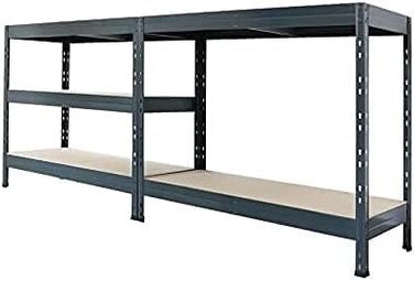 Посилений стелаж Rivet, комплект з 2 шт., з HDF-плитами, 180x90x45 см (ВxШxГ), 5 полиць, вантажопідйомність 250 кг на полицю, антрацитово-сірий. Безригельний стелаж, металевий стелаж, стелаж для підвалу, стелаж для зберігання, стелаж для майстерні, стелаж