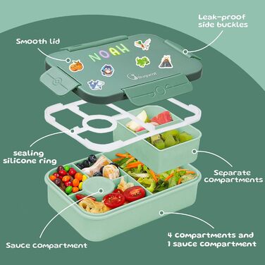 Ланчбокс дитячий Bugucat з роздільниками 1300 мл 16 наклейок, герметичний, з набором столових приборів, для дітей та дорослих, темно-зелений