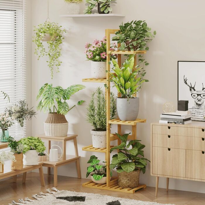 Підставка для рослин Bamworld, підставка для квітів, бамбукова полиця для рослин, кімнатна полиця для квітів, невелика металева підставка для квітів для тераси, саду, балкона, вітальні, спальні (5 рівнів), 5 рівнів з бамбука