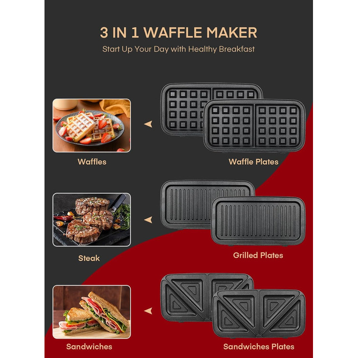 Бутербродниця 3 в 1, вафельниця 1200 Вт/контактний гриль/тостер для сендвічів, 5-швидкісний контроль температури, набори пластин Coater з антипригарним покриттям, термоізольована ручка, можна мити в посудомийній машині, світлодіодні лампи, червоний