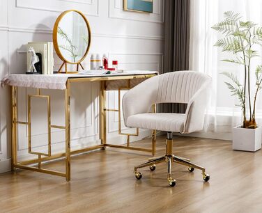 Офісний стілець з шенілу, ергономічне робоче крісло з підлокітниками, обертове крісло з колесами, туалетний стілець, регульована висота для домашнього офісу та офісу, бежевий