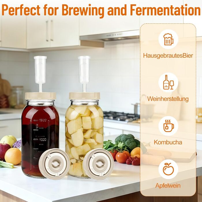 Банки для ферментації, упаковка з 2 шт., місткість 2 л, контейнери для кімчі з гідрозатвором та індикатором дати, банки для ферментації з широким горлом, ідеально підходять для ферментації кімчі, квашеної капусти, закваски, 2 л (з індикатором дати)