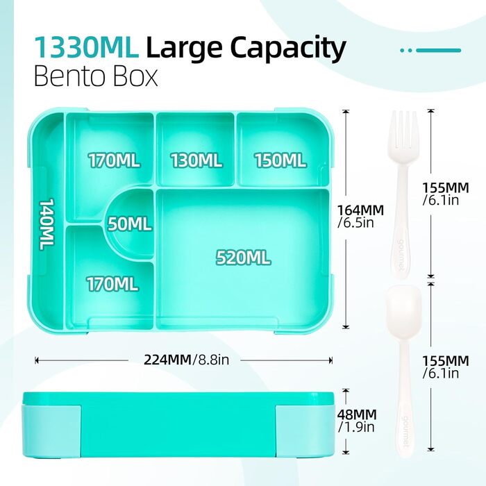 Ланчбокс Bento, 1330 мл, герметичний контейнер для їжі для дорослих з 6 відділеннями та набором столових приборів, без BPA. Підходить для офісу, мікрохвильової печі та посудомийної машини, колір океанічний синій.