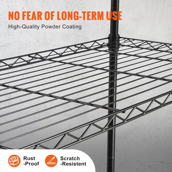 Полиця для зберігання VEVOR з колесами, 4-рівнева регульована, вантажопідйомність 700 фунтів, міцна гаражна полиця, металевий органайзер, дротяна полиця, чорна, 120 x 45 x 188 см для кухні, комори, підвалу, ванної кімнати