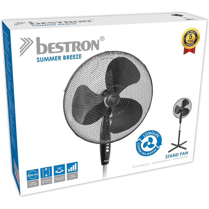П'єдестальний вентилятор Bestron з трьома швидкостями, вентилятор з функцією обертання на 75 і регулюванням висоти до 122 см, Ø 45