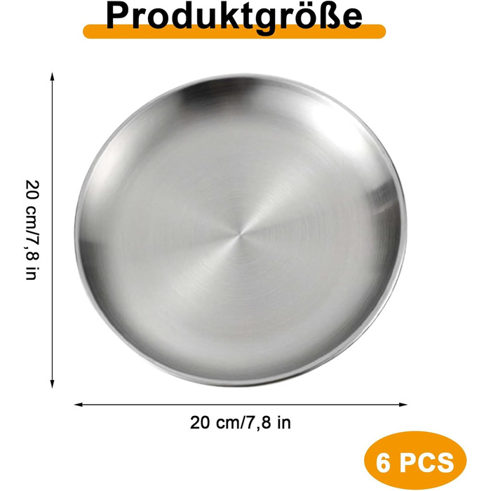 Тарілки з нержавіючої сталі, 6 шт., діаметр 20 см, для барбекю, круглі, для випічки, кемпінгу, пікніків, кухні та вечірок - набір з 6 шт.