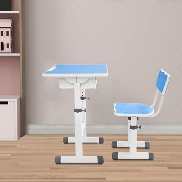 Дитячий письмовий набір, дитячий стіл з регульованою висотою (стіл 64-76 см, стілець 36-42 см), стіл з гачками, шухлядою та лотком для ручок для дітей віком 3-18 років, навчання письму та малюванню (синій, білий)