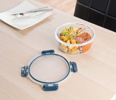 Скляний контейнер для мікрохвильової печі з 3 відділеннями, кришка на защіпках, -20 до 520 C, круглий (Скляний посуд для мікрохвильовки з кришкою, для сніданків/мюслі)