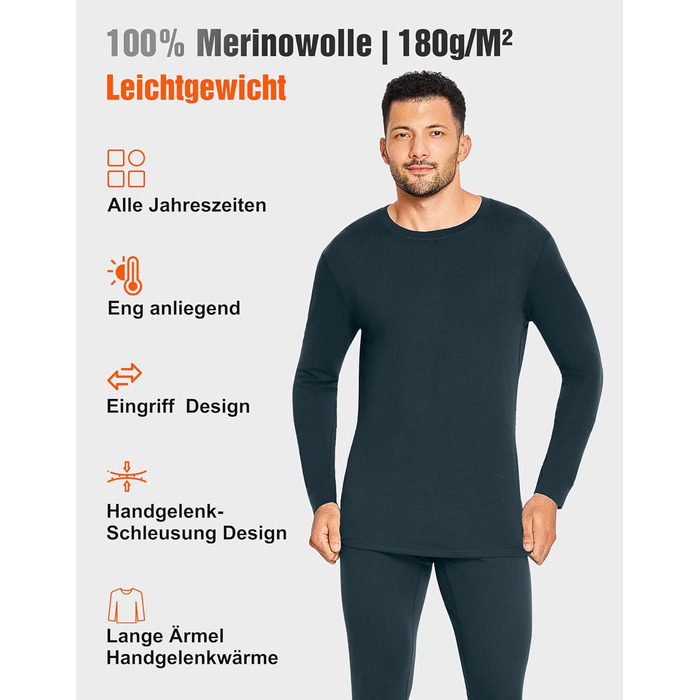 Чоловічий комплект білизни зі 100 мериносової вовни, м&39яка зимова термобілизна, тепла лижна білизна з мериносової вовни, сорочка з довгими рукавами та штани (розміри M-XXL) L 180 г/м Чорний