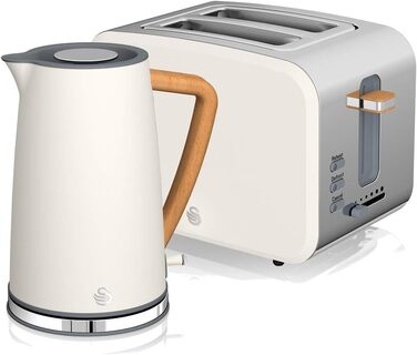 Чайник для сніданку Swan Nordic Set, бездротовий, 1,7 л, 2200 Вт, широкий слот, 2 диски, 3 функції, сучасний дизайн, вигляд під дерево, білий