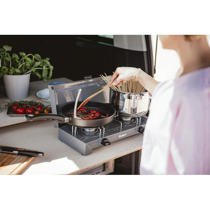 Газова плита Enders Camping Stove CANBERRA 2, 2-конфоркова, 2 конфорки з нержавіючої сталі 2x2,3 кВт, може працювати від газового балона або накрутного картриджа, загальна потужність 4,6 кВт, підставка для каструлі, знімна кришка, 1790