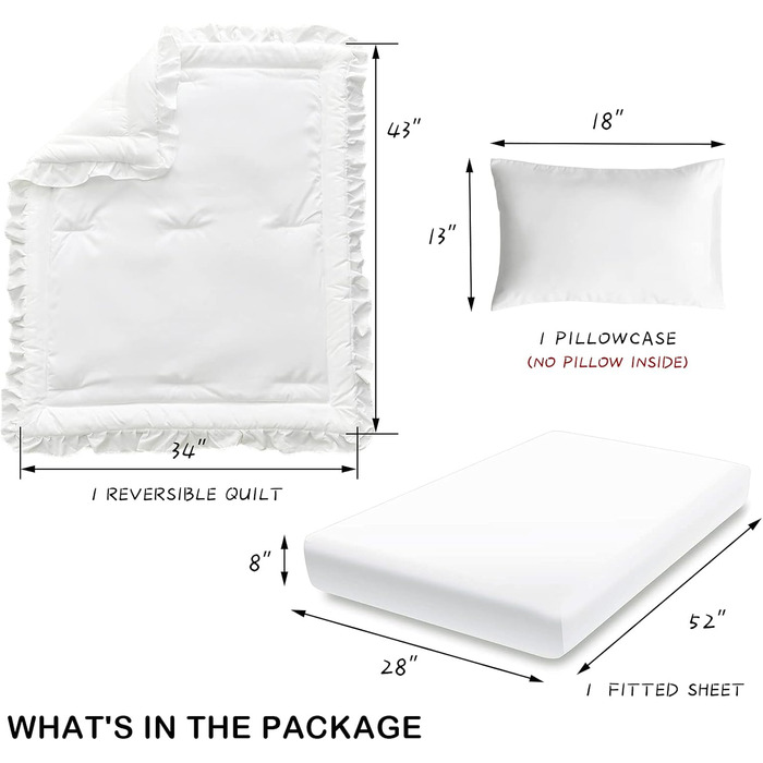 Комплект постільної білизни для дитячого ліжечка з 3 предметів з рюшами, стьобана тканина для обіймів з приталеним простирадлом і