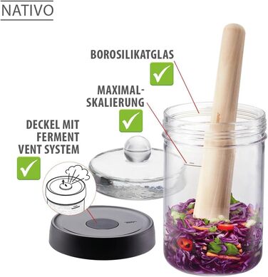 Банка для бродіння GEFU NATIVO 1 літр, включаючи вагу, банка для бродіння з вагою та кришкою, прозора, для маринування, бродіння 1 літр (без товкача та щипців)