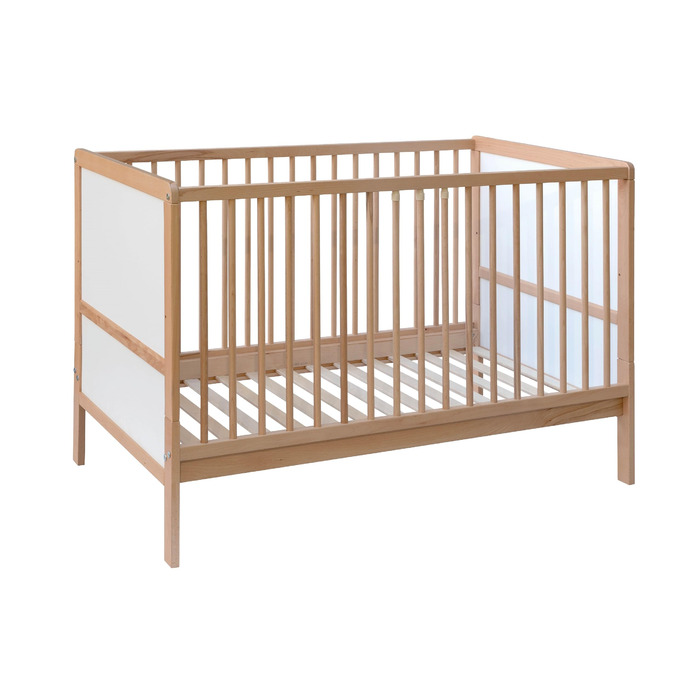 Дитяче ліжко Nelly 120x60 см Дитяче ліжко Натуральний/Білий Бук Регульована висота у 2 напрямках 3 знімні перекладини Сертифіковано EN 716