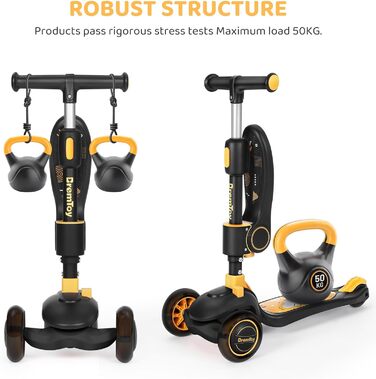 Дитячий самокат BremToy з сидінням, самокат зі світлодіодними колесами, дитячий самокат з регульованим по висоті кермом, складний