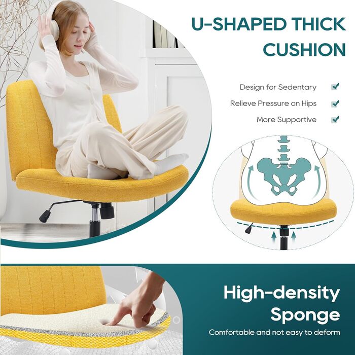 Широке офісне крісло COLAMY, м&39яке офісне крісло без підлокітників, поворотне крісло для домашнього офісу, функція гойдання 115, ергономічне комп&39ютерне крісло для домашнього офісу, макіяжу, ігор (хрестова основа, жовтий)