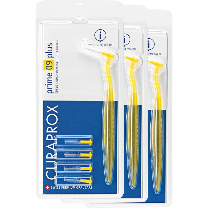 Щітки Curaprox Interdental CPS 09 prime plus (Пучок 3 шт. и), жовтий, діаметр 0,9 мм, ефективність 4 мм, набір з 15 міжзубних йоржиків CPS Prime 09 і 3 тримачів UHS 451 жовтий (1 упаковка)