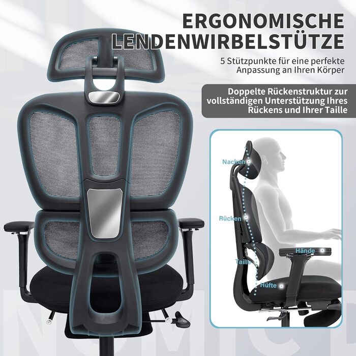 Ергономічне офісне крісло з підставкою для ніг, крісло для роботи з високою спинкою та подвійною спинкою, 2D-підголівник, відкидні підлокітники, губчасте сидіння, сітчасте крісло, крісло керівника, комп&39ютерне крісло для дорослих, чорне