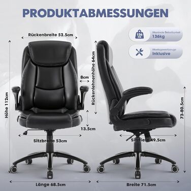 Ергономічне офісне крісло COLAMY, поворотне на 360 крісло для керівника з відкидними підлокітниками, регульована спинка, висота та нахил, чорне