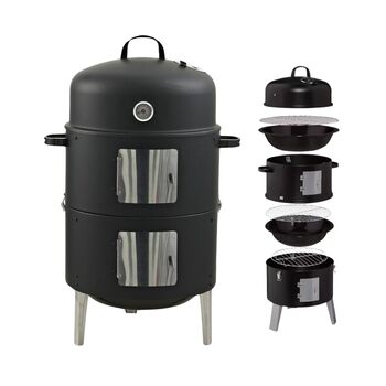 В-1 Дим-гриль Вугільний гриль з кришкою для копчення, смаження та приготування (з резервуаром для води, 2 решітками для грилю, гачками для копчення, термометром) Димна бочка для саду та кемпінгу, 400 3-