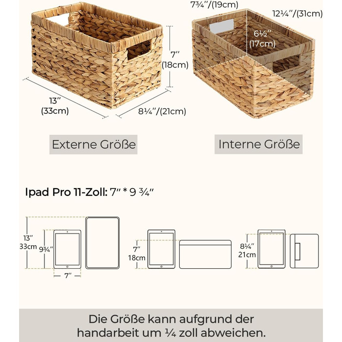 Кошик для зберігання водяного гіацинта StorageWorks, квадратна скринька для зберігання, міцні полиці у формі водяного гарбуза з ручками, декоративний кошик для подарунків, туалетного приладдя, великий, 2 предмети 33 x 21 x 18 см натурального кольору (водя