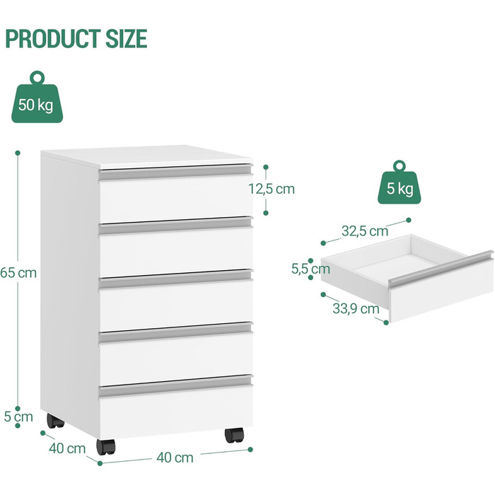 Пересувний контейнер Hzuaneri, мобільна шафа для документів, шафа з 5 висувними шухлядами, шафа для зберігання речей для офісу та домашнього офісу, білий 40 x 40 x 70 см FC55503X