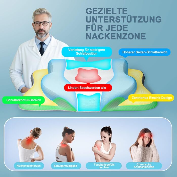 Подушка для шиї, з піни з ефектом пам&39яті. Подушка для підтримки шиї, ергономічна подушка. Подушка для сну на боці, спині та животі () Біла