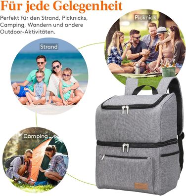 Ізольована сумка-холодильник Lifewit 21L 30 Can, термосумка для обіду, рюкзак-холодильник, герметична двоповерхова сумка-холодильник для чоловіків, жінок, мам для обіду, пікніка, покупок, подорожей, сіра