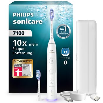 Електрична звукова зубна щітка з підключенням до додатку, 4 режими чищення, 3 рівні інтенсивності, контроль тиску, EasyStart, SmartTimer, білий колір, модель HX7420/02 Нова технологія Sonicare 7100, біла, 2 насадки для щітки, 7100