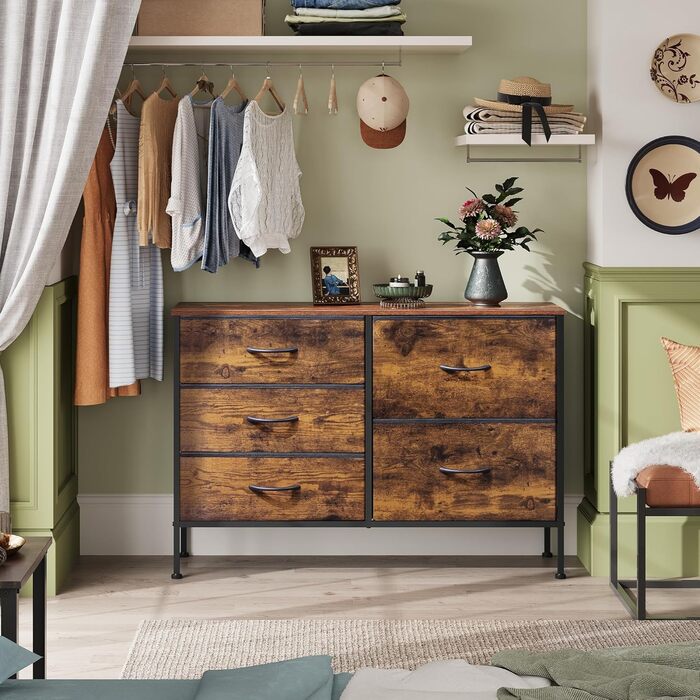 Комод WLIVE з 6 тканинними шухлядами, комод для спальні, комод для вітальні, з міцним сталевим каркасом, дерев&39яна стільниця, вінтажний коричнево-чорний