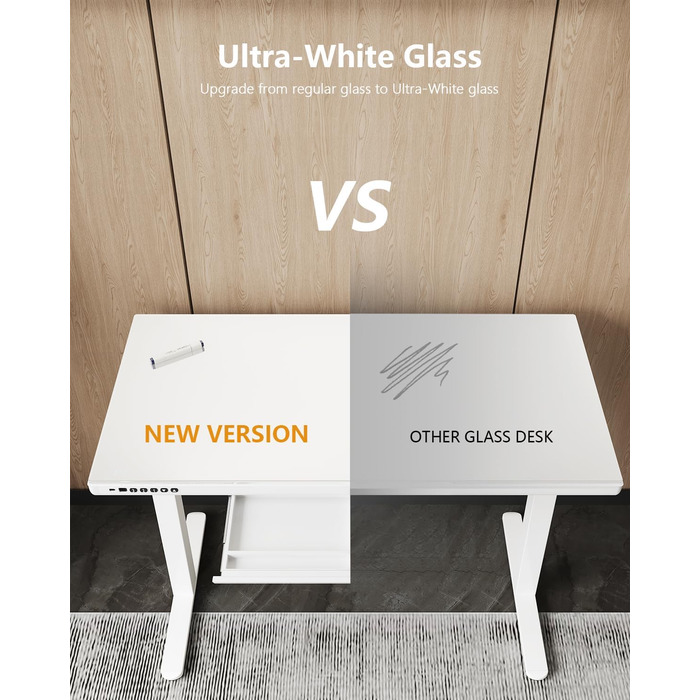 Стіл Homall Glass з регульованою висотою, 120 x 60 см, електричний стіл з регульованою висотою та шухлядою, стіл для домашнього офісу з можливістю сидіти та стояти, білий 120 x 60 см, білий