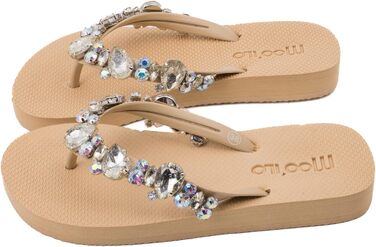 Бежевий - Жіночі літні шльопанці-шльопанці mooilo з бежевими стразами (вишиті вручну) - Ультрам&39яка підошва - Дизайн, зроблено в Німеччині, розмір 40 EU, Бежевий