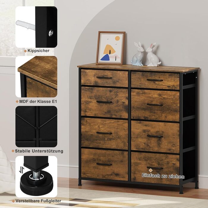 Комод WOLTU з 8 тканинними шухлядами, міцний металевий каркас, вінтажний дизайн, для спальні, вітальні, коридору, дитячої кімнати, 86x30x89 см, вінтажний коричневий чорний, SSK006hov Вінтажний коричневий чорний 8 тканинних шухляд