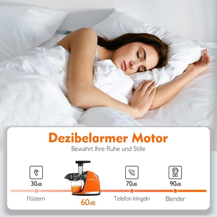 Переможець тесту овочів та фруктів на соковижималку AMZCHEF - Соковижималка Повільна соковижималка з функцією зворотного жування - Ніжне подрібнення без фільтрації - Електрична соковижималка зі щіткою та 2 чашками - Яскравий помаранчевий