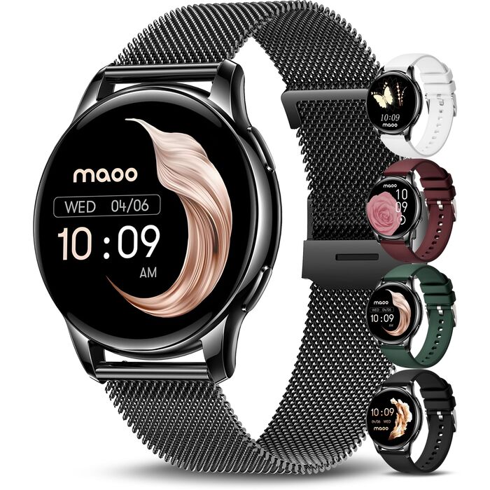Розумний годинник maoo Ventura для жінок із функцією дзвінків, 1,32-дюймовий AMOLED-дисплей, монітор серцевого ритму, SpO, монітор артеріального тиску, понад 100 спортивних режимів, водонепроникність IP67, 5 браслетів у комплекті (чорний)