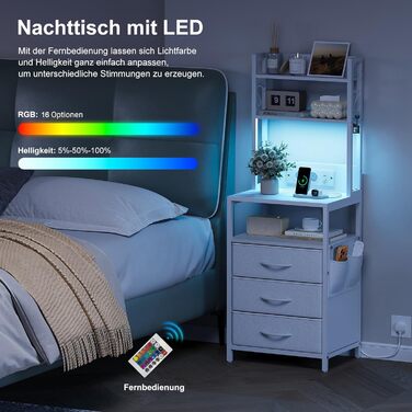 Приліжковий столик Dripex із функцією зарядки та світлодіодним підсвічуванням, бічний столик із 3 тканинними шухлядами, тумбочка з книжковою полицею, відкритим відділенням, 2 порти змінного струму, 1 USB та 1 порт типу C, для спальні, вітальні, офісу (біл