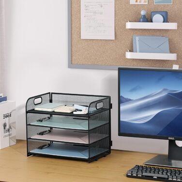 Металевий лоток для листів/документів А4, 4 відділення, лоток для паперу, що штабелюється, система подачі з сітчастою структурою та ручкою, чорний, компактний, 32,8 x 24,7 x 27,6 см, 4 відділення - чорний