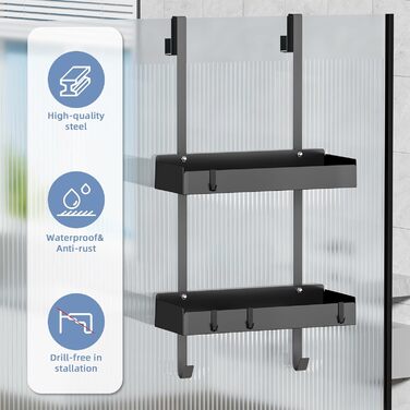 Підвісна полиця для душу, органайзер для скляних душових дверей, тримач для шампуню, кошик для душу без свердління, чорний, з 8 гачками, нержавіюча сталь 65.5x30x11.2 см