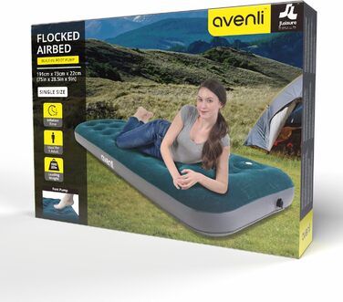 Надувний матрац AVENLI, надувне ліжко для кемпінгу з вбудованим ножним насосом для 1 особи, 1973x22 см, надувний матрац, гостьове ліжко, м&39яка спальна поверхня з флокованим чохлом, дорожнє ліжко для кемпінгу та дому