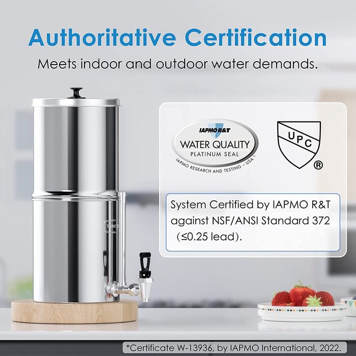 Система водяного фільтра Waterdrop Gravity Fed, сертифікована NSF/ANSI 372, система з нержавіючої сталі 8,5 л з 2 фільтрами та металевим краном, зменшує до 98,95 резервуарів серії Chlorine-King, WD-TK