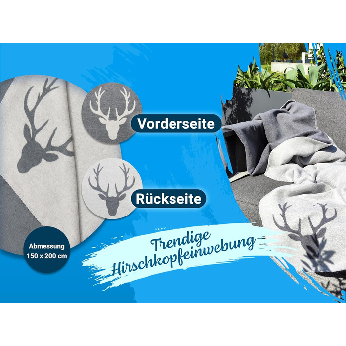 М&39яка ковдра ZOLLNER 150x200 см - Пухнаста та м&39яка двостороння ковдра у двох простих кольорах - Модне плетене обличчя з оленячою головою сірого кольору - Змішана тканина - Можна прати при температурі до 40C - Сертифікована сіра двостороння ковдра Oek