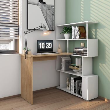 Комп'ютерний стіл Meerveil L-подібної форми, кутовий, з книжковою полицею, що обертається на 360 градусів, для кабінету, вітальні,