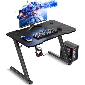 Ігровий стіл 80 x 52 см, ігровий стіл, ПК-стіл з гачком для навушників та карбоновим покриттям, ергономічний комп&39ютерний стіл, металевий каркас, карбон чорного кольору