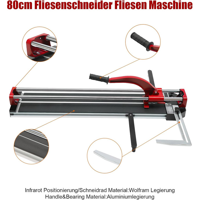 Плиткоріз 80 см з подвійними рейками та кронштейнами ручний 3/5 з точним інфрачервоним позиціонуванням Ручний плиткоріз для точного різання (червоний)