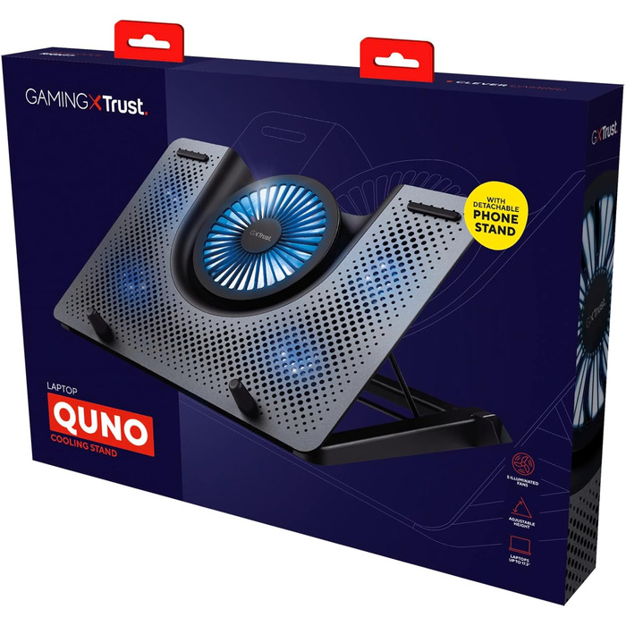 Охолоджувальна підставка для ноутбука Trust GXT 1125 Quno з 5 вентиляторами та LED-підсвічуванням, тримач для смартфона, запобігає перегріву, сумісна з ноутбуками/MacBook до 17,3 дюймів