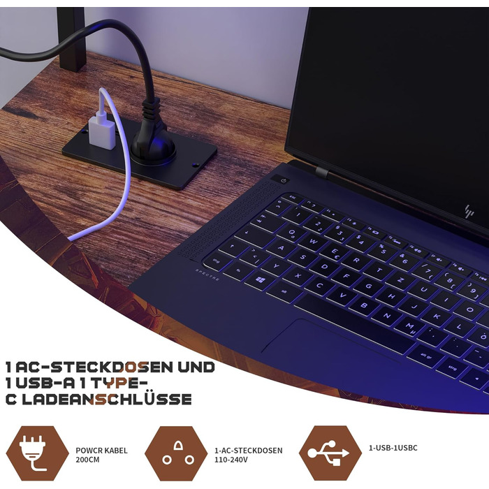 Г-подібний стіл Yansee, ігровий стіл зі світлодіодним підсвічуванням, 140110 см, двосторонній Г-подібний стіл з подовжувачем, кутовий стіл з полицею, коричневий