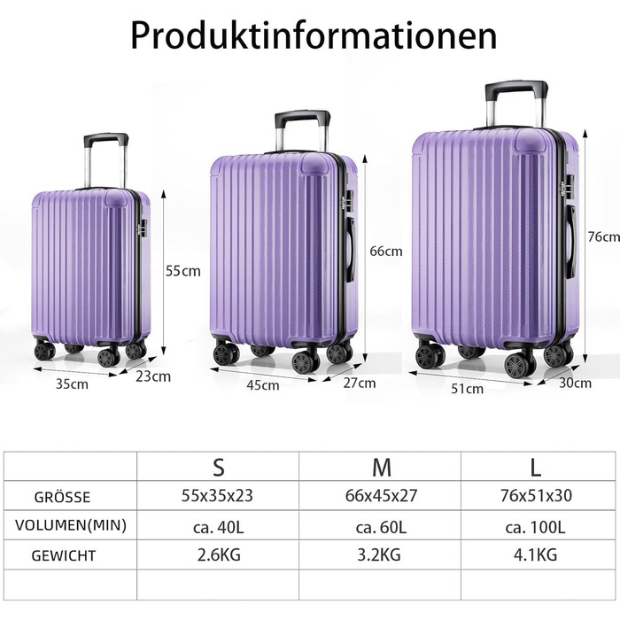 Ручна валіза Voyager 55x35x23 см, валіза з жорстким корпусом та візком, маленька, легка дорожня валіза з 4 колесами, кодовий замок, світло-фіолетовий, розмір S