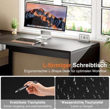 Г-подібний стіл Sweetcrispy з полицею та шафою, 120x100x75 см, кутовий стіл, міцний ігровий стіл з місцем для зберігання, легке складання, чорний 120x100x75 см